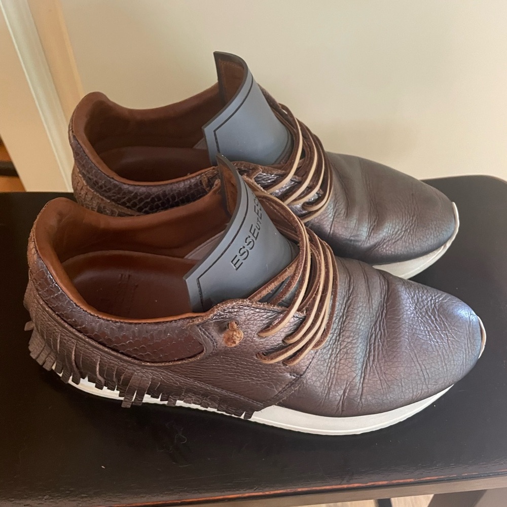 Essentiel Brown Leather Fringe Slip-On Sneakers